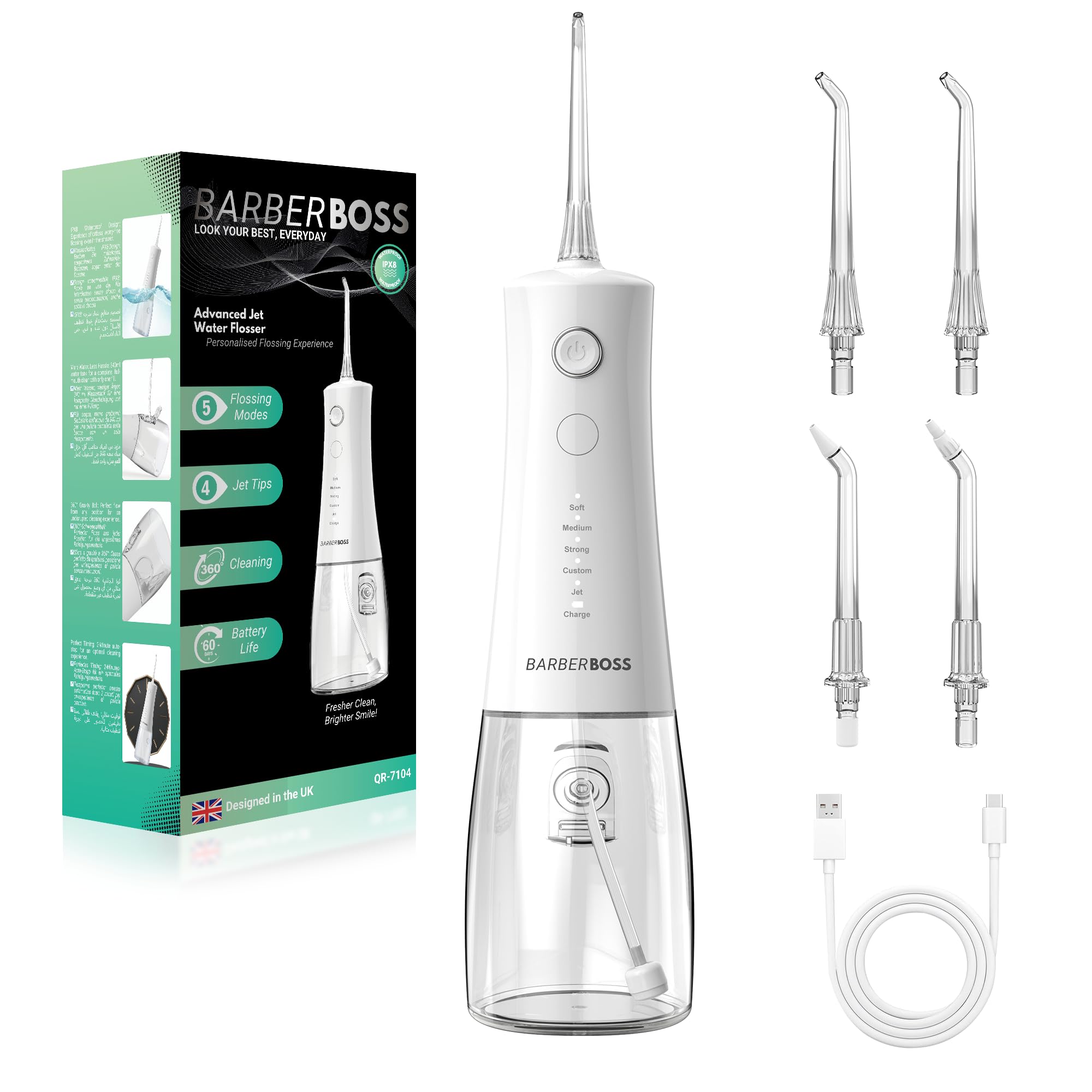 BarberBoss Idropulsore Advanced, 5 modalità di pressione e serbatoio capiente da 340 ml, irrigatore orale impermeabile IPX8, 4 punte a getto e blocco da viaggio, idropulsore portatile QR-7104 (bianco)