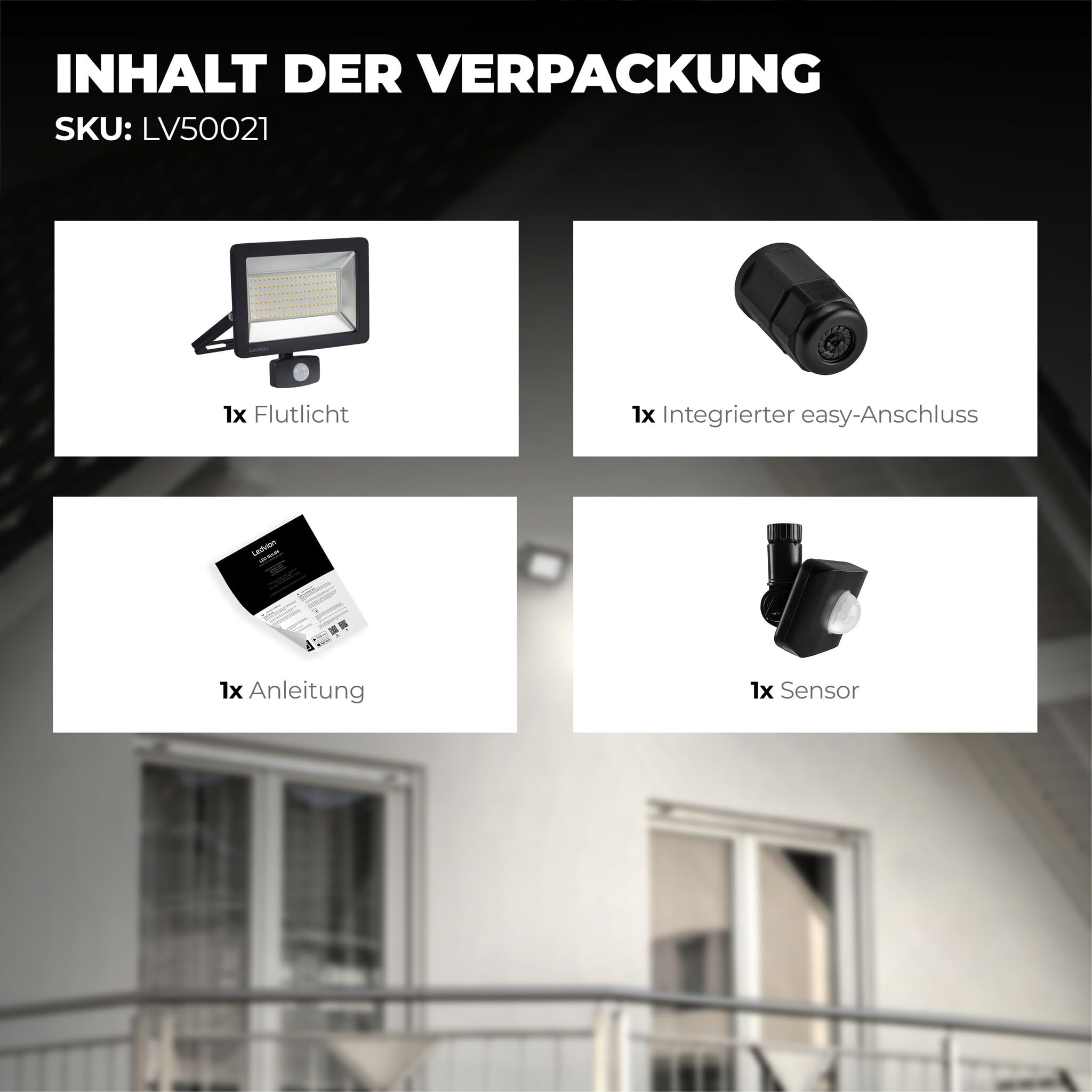 Ledvion LED Strahler mit Bewegungsmelder 150W IP44 4000K 18000lm | Reagiert automatisch auf Bewegung rund um Einfahrt Garten Hof und Fassade