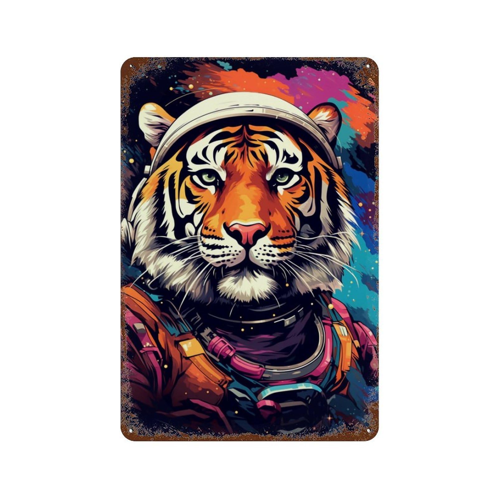 Rust Effect Tiger Astronaut Space Suit-2 Rusty Metal Tin Sign 11.8"x7.9", Farmhouse Wall Decor for Cafe, Home Bar And Lounge Decor
