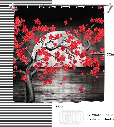 Miniatura 4 de WELMECO Cortina de ducha negra y roja con luna llena de árbol rojo, cortina de ducha para decoración de baño, tela de poliéster, 72 x 72 pulgadas