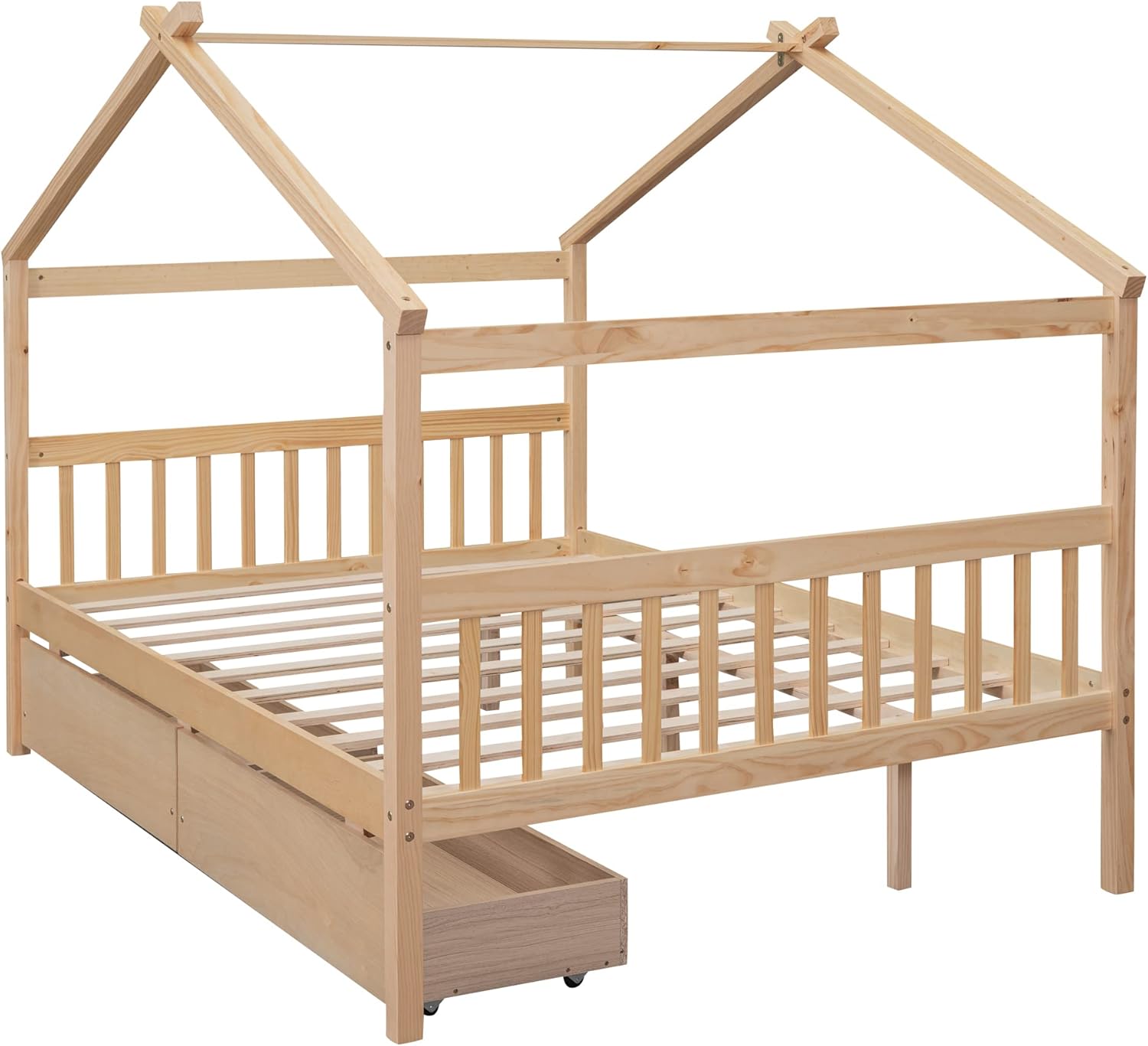 Bellemave Full Size House Bed for Kids, Montessori Platform Frame with 2 Drawers, Headboard and Footboard, Solid Wood Storage for Girls & Boys (Natural)