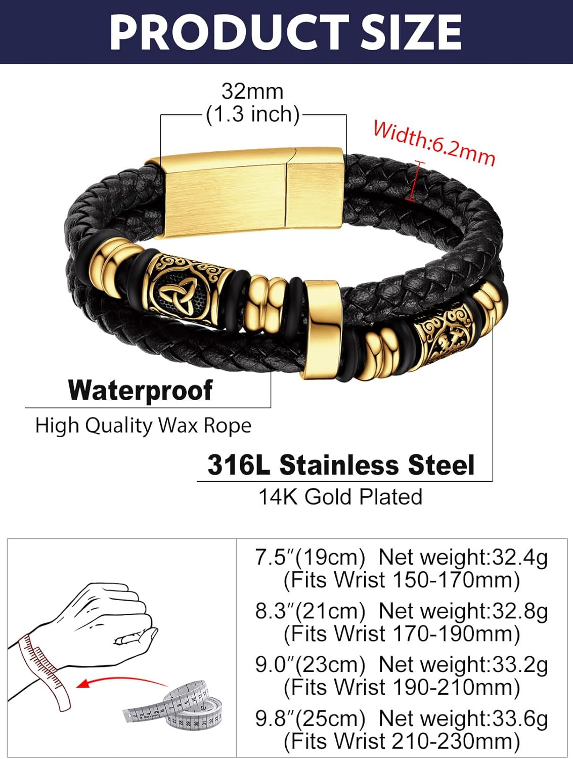 Bandmax Mens Black Double Wax Rope Cuff Bracelets Waterproof Stainless Steel Norse Style Celtic Knot Beads Bracelet Wristband Gift for Men - Image 7
