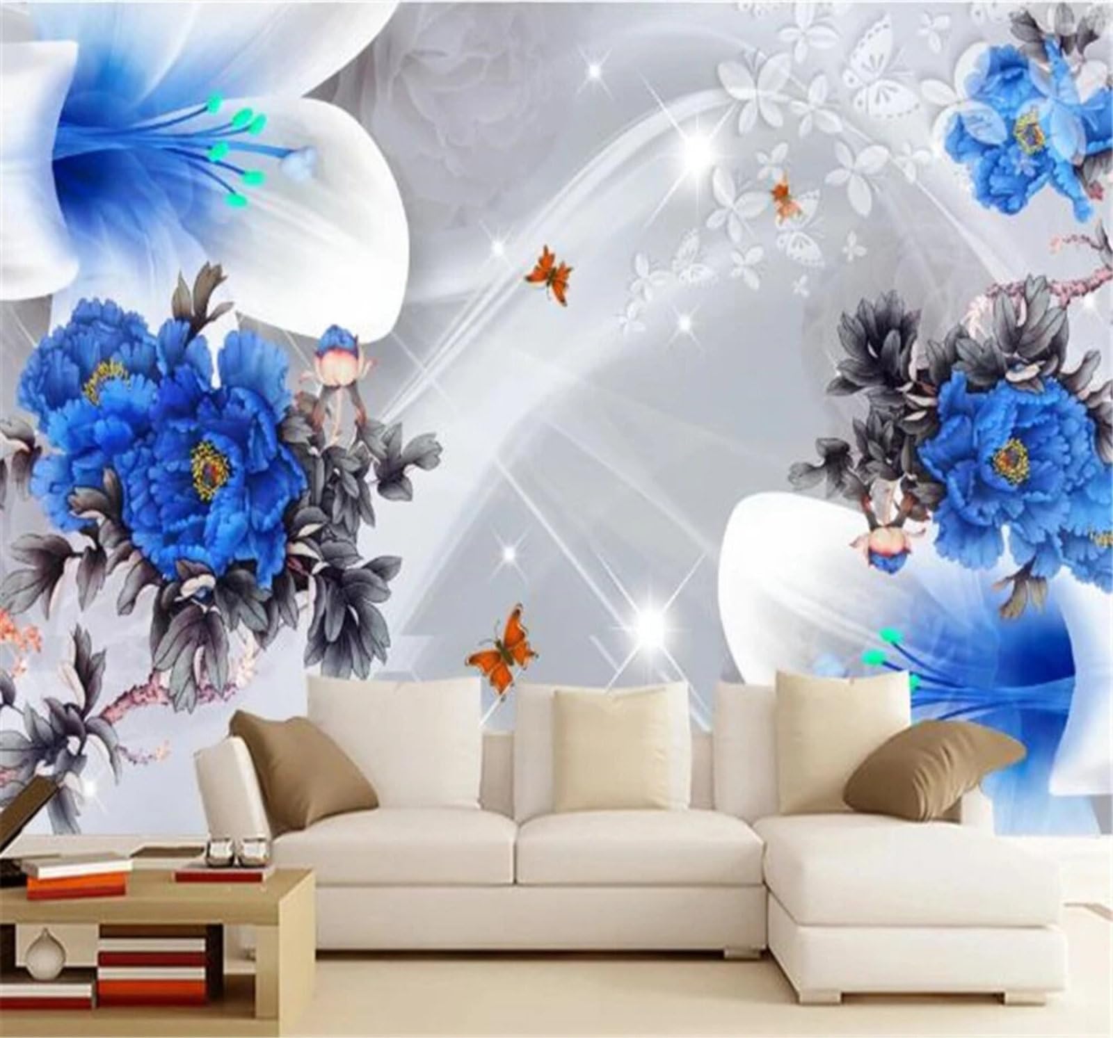 Xlming 430Cm×300Cm(B×H) Romantic Beautiful Lilies Peonies Butterflies 3D Wallpaper Luxury Home Dining Decor Paste Sofa Living Room The Wall For Bedroom Mural-430Cm×300Cm