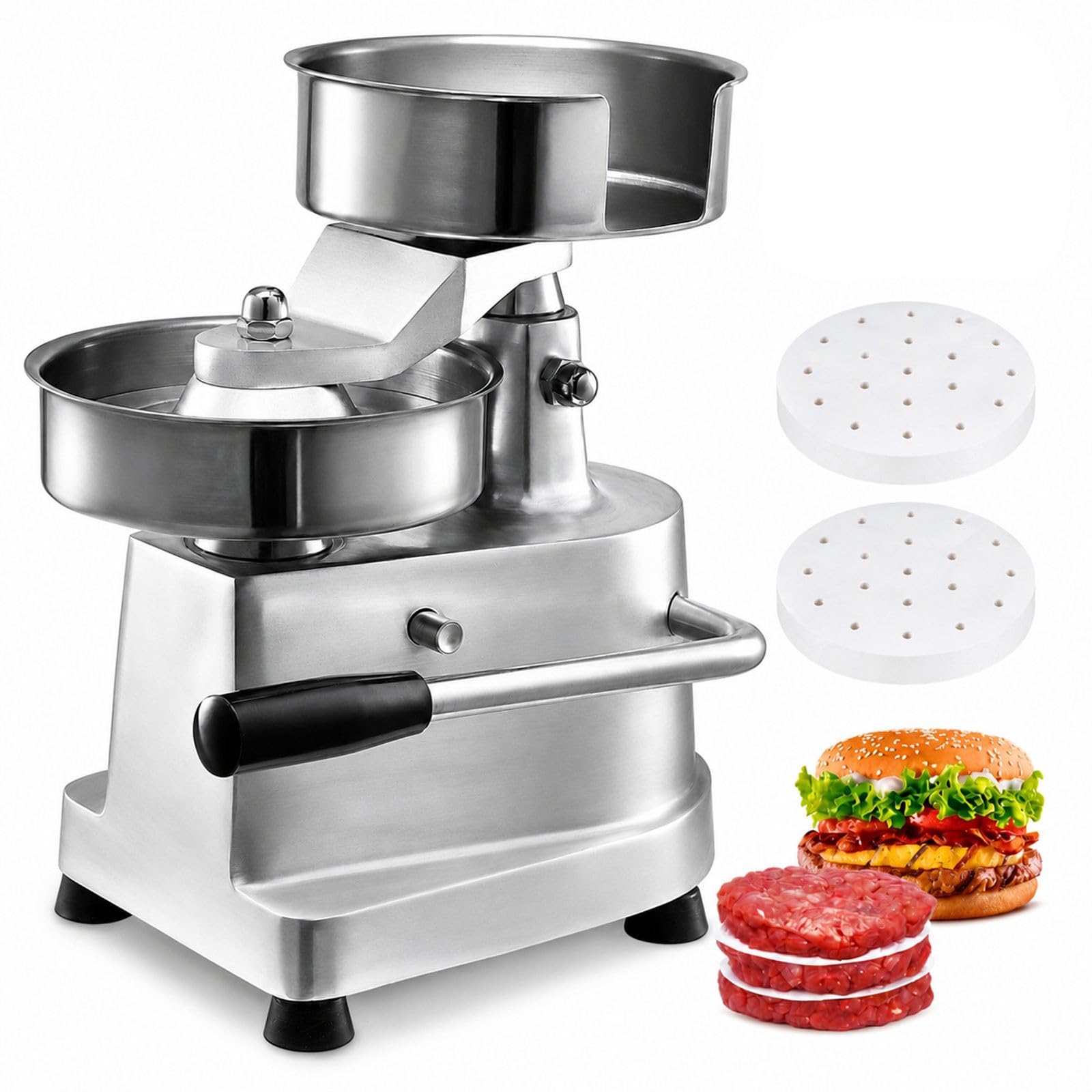 Manuelle Burgerpresse aus Edelstahl mit Griff, Patty-Papier und Handschuhen für Küche, Grillen und Picknick