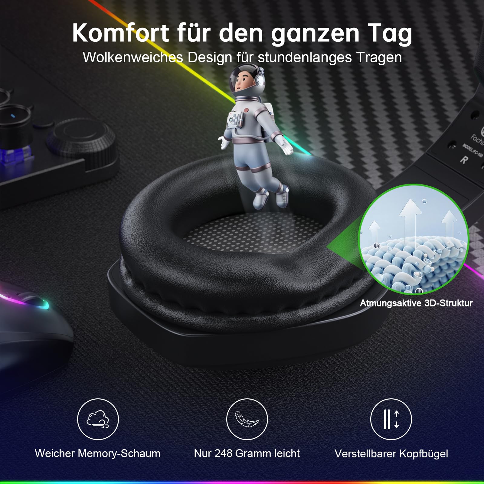 Fachixy Gaming Headset Wireless für PS5, PS4, PC, Mac, Laptop Switch Mobile, 2.4GHz Geringe Latenz Und Bluetooth, Kabelloses kopfhörer mit Mikrofon Immersive Stereo Sound, 50H Akku, RGB Beleuchtung