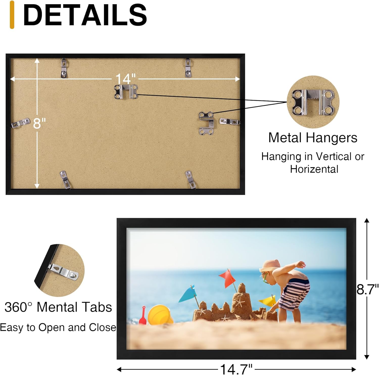 decorUhome 8x14 Picture Frames Collage Wall Decor, Display 3Pcs 4x6 Photos with Mat or 1Pcs 8x14 Unmatted, 3 4x6 Collage Picture Frames for Wall Mounting, Black - Image 7