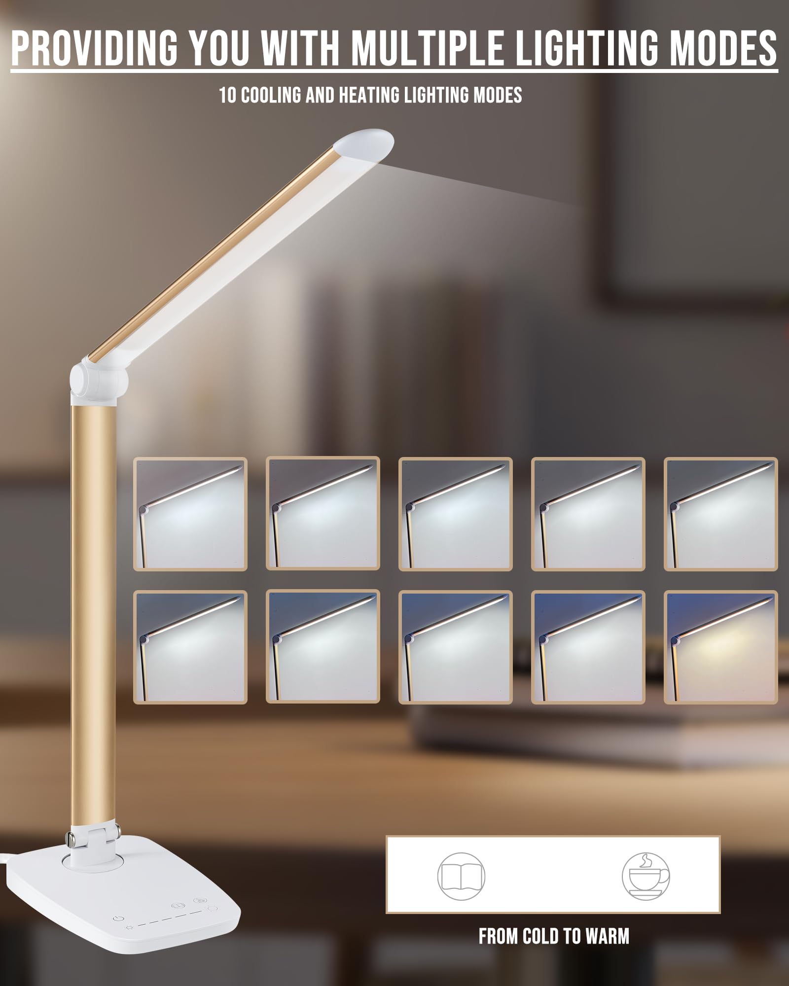 Lámpara de escritorio LED regulable con puerto de carga USB, control táctil, plegable, cuello de cisne de rotación libre, lámpara de mesa ajustable para el cuidado de los ojos, luz de lectura 5