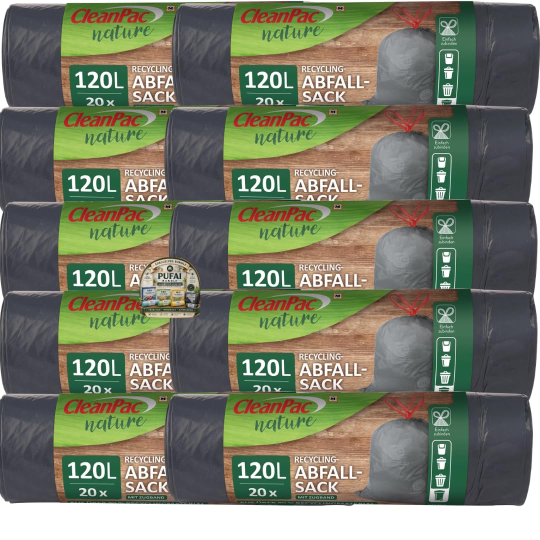 PUFAI Bundle – Recycling Abfallsäcke mit Zugband 120 Liter – Reißfeste Müllsäcke für Haushalt, Garten und Gewerbe – 20 Stück pro Rolle – Vorteilspack 10er Set