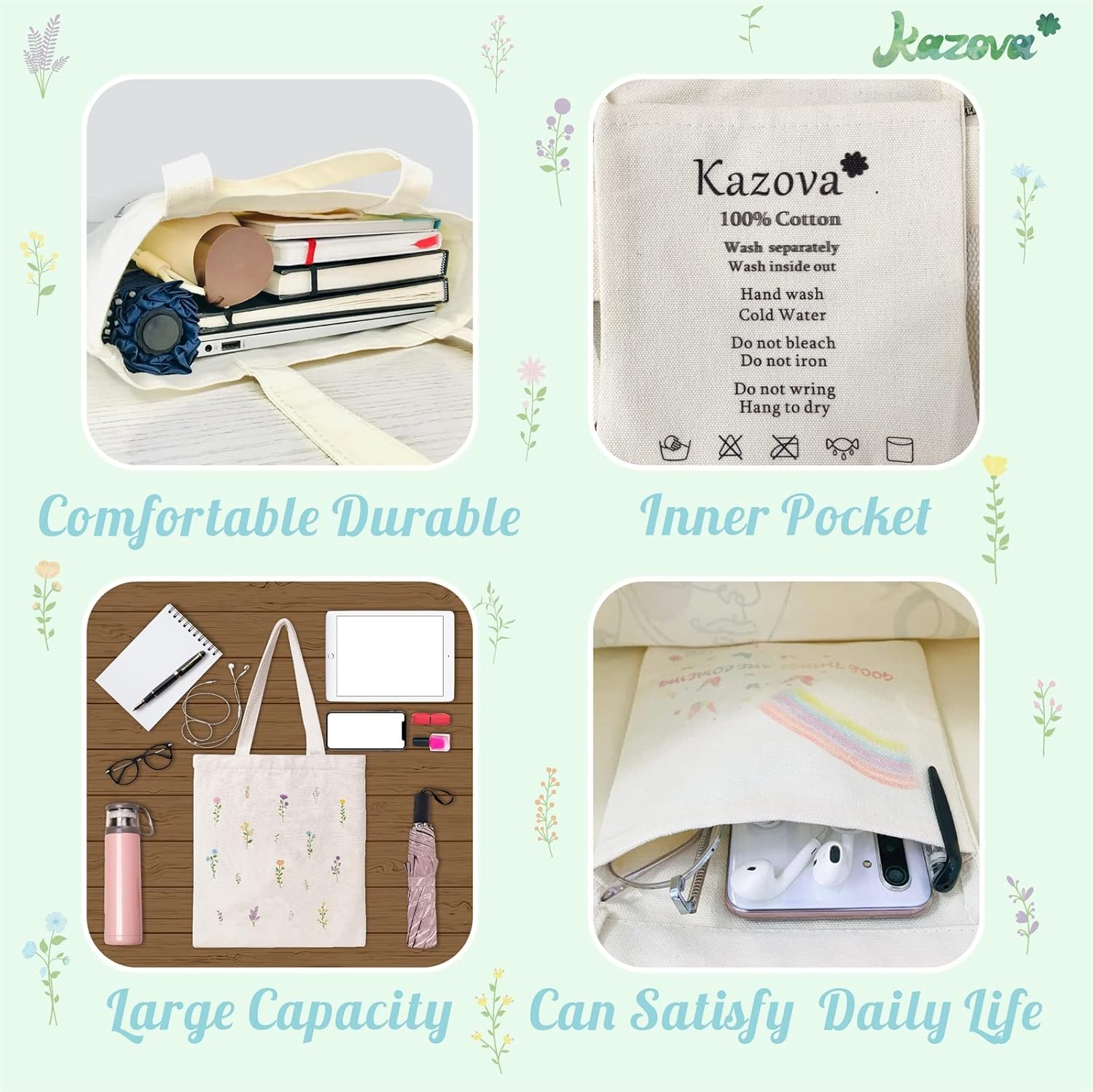 Kazova Floral Cotton Canvas Tote Bag Aesthetic Flower Tote Minimalist Bouquet Reusable Canvas Bag With Handles Grocery Shopping Botanical Wildflower Canvas Bag - Image 5