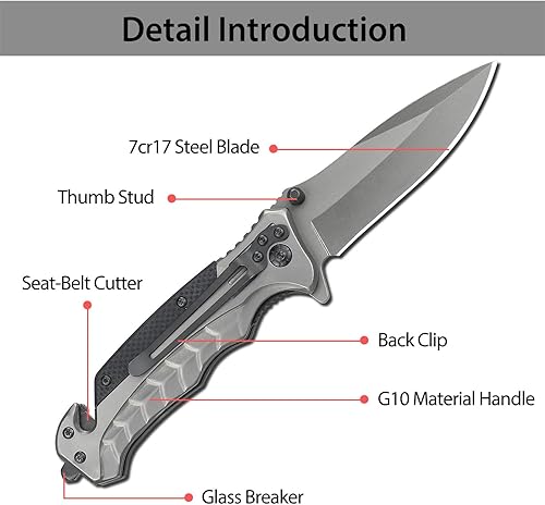 Miniatura 7 de NEDFOSS Cuchillos de bolsillo para hombres, cuchillo de bolsillo plegable con rompevidrio, cortador de cinturón de seguridad, mango G10, perno para