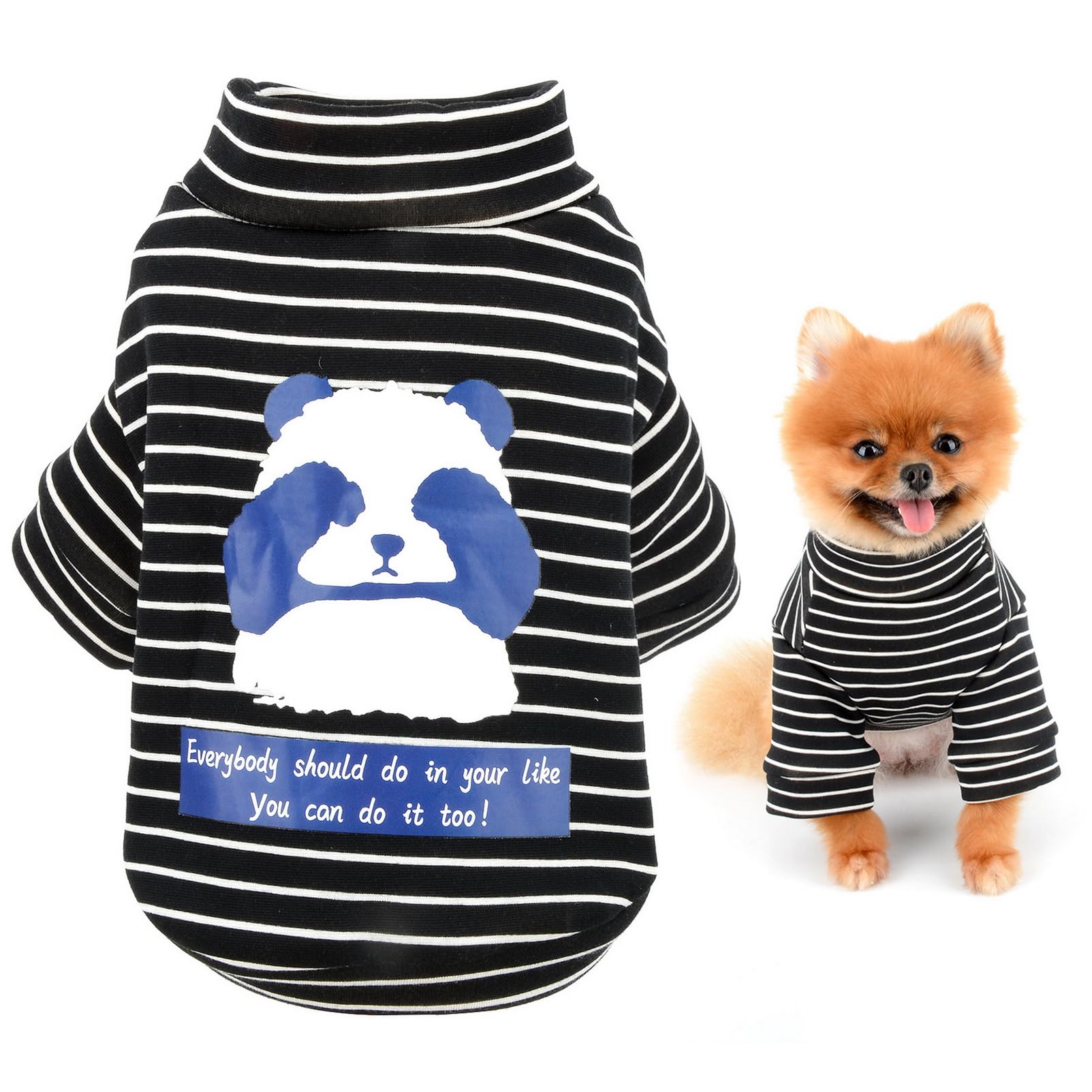SMALLLEE_LUCKY_STORE Panda Print Striped Turtleneck Sweatshirt for Small Dog Cat Soft Winter Fall Warm Puppy Pullover Jumper Pet Cold Weather Clothes for Chihuahua Yorkie,Black,L