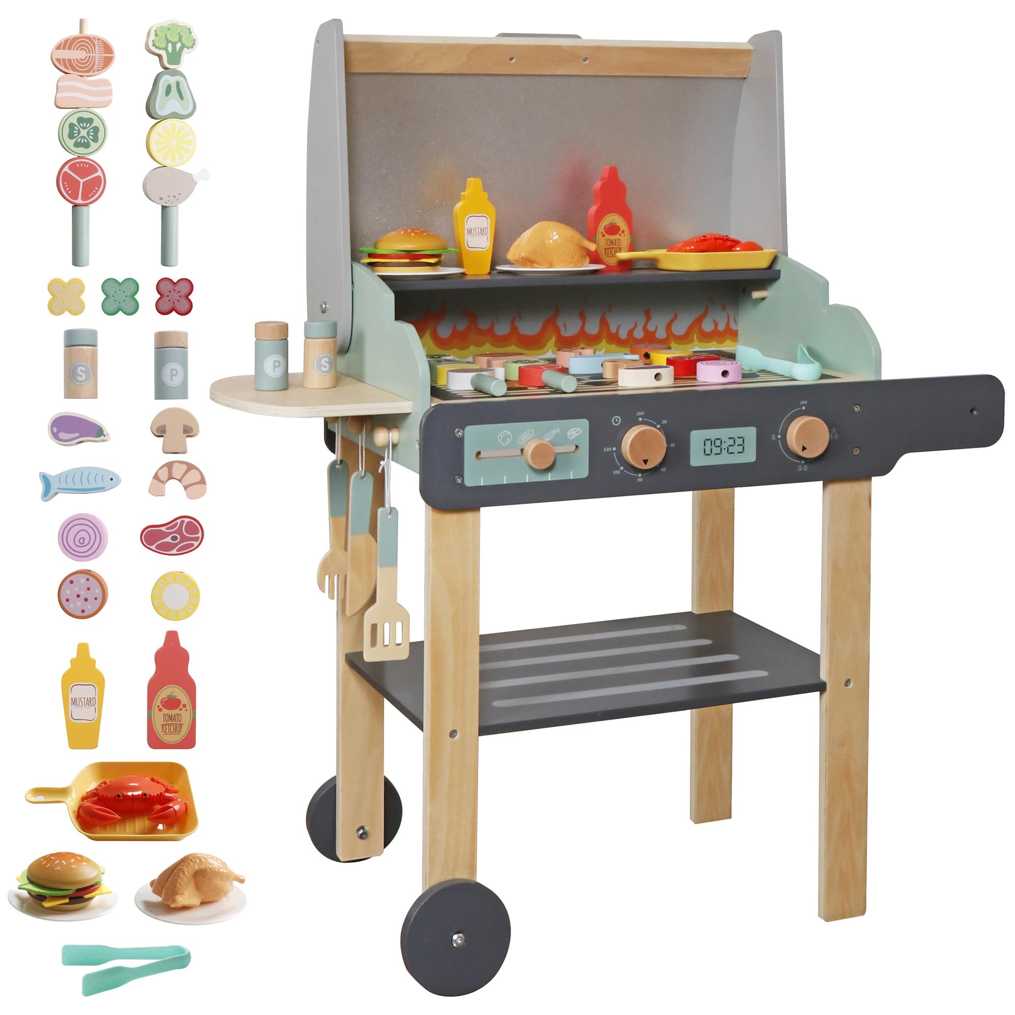 Wooden Play Barbecue Toy Grill, Kids BBQ Playset with Toy Food and Grilling Tools, Cooking Interactive Toys Christmas Birthday Gift for Toddlers Girls Boys 3-6