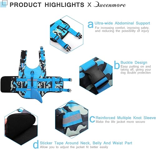 Miniatura 4 de Queenmore Chaleco salvavidas para perros Ripstop, chaleco de seguridad ajustable con alta flotabilidad y asa de rescate duradera para perros