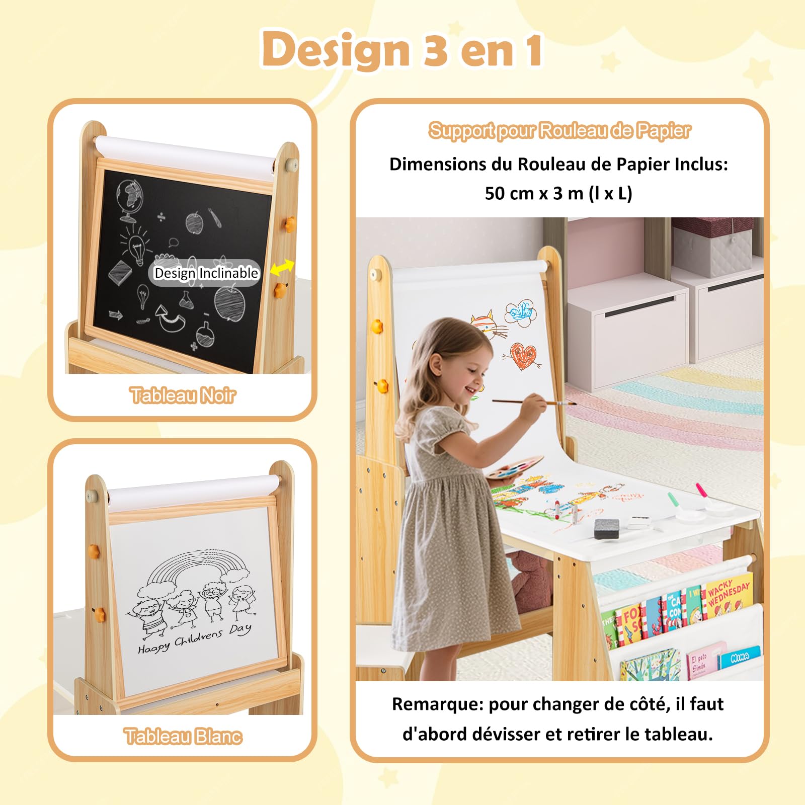 GOPLUS Table Enfant avec Chaise, Table à Dessin en Bois avec Tableau Noir/Blanc, Rouleau de Papier, Gomme, Craies, Gobelets de Peinture, Bureau Enfant en Bois avec Étagère (Naturel)