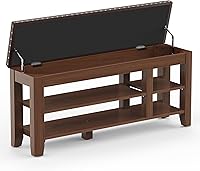 Rosedate Solid Rubberwood Shoe Bench with Hidden Storage, Adjustable 2-Tier Shelves & PU Leather Seat - Entryway Shoe Rack, Brown 47"