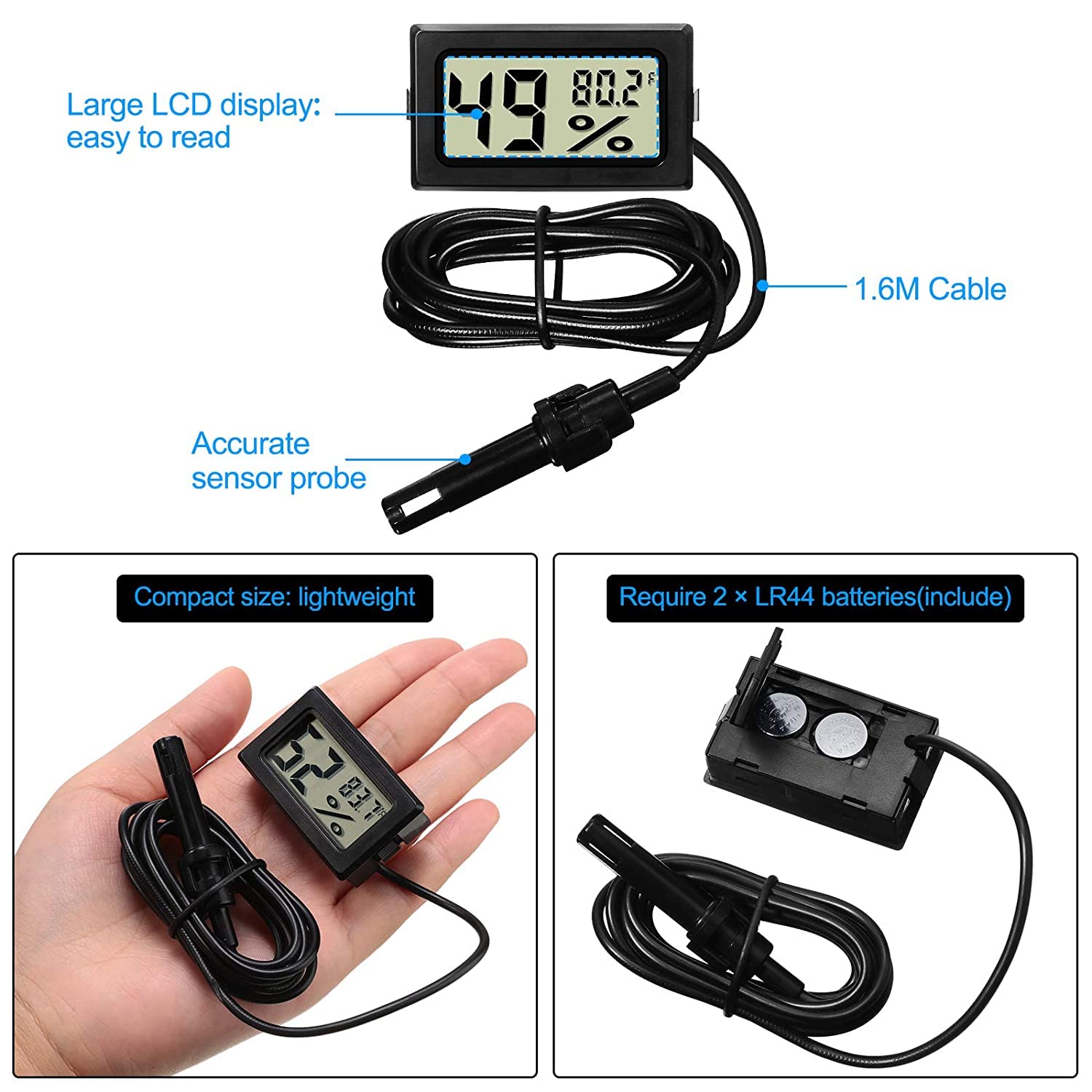 FY-12 Mini Digital Thermometer Hygrometer with Probe Indoor Temperature Humidity Meter Gauge LCD Fahrenheit Display Hygrometer Thermometer Gauge for Incubator Reptile Plant Terrarium - Image 4 thumbnail