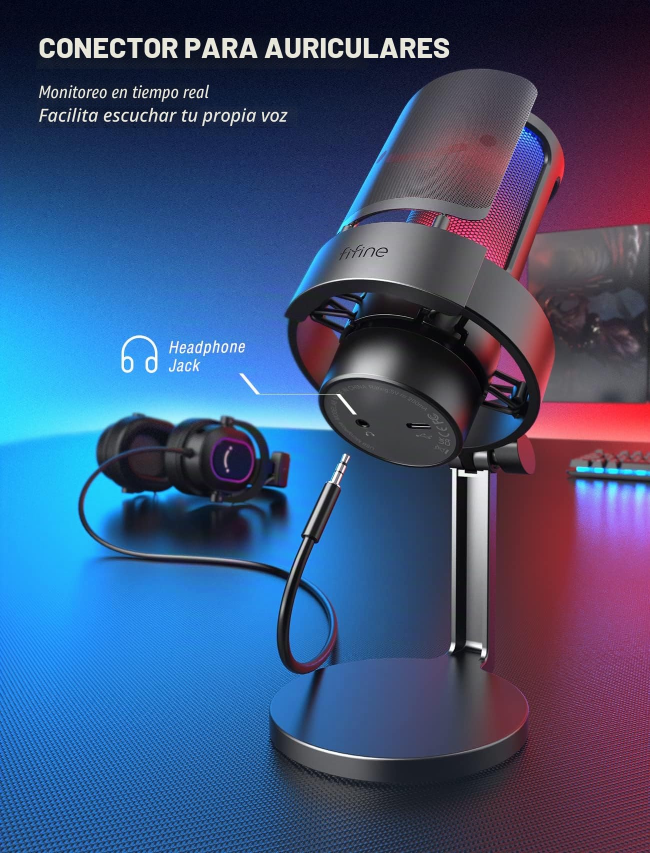 FIFINE USB Gaming Microfono para PC Mac PS4 PS5, RGB Condensador Micrófono per Streaming, Podcasts, con Control RGB, Mute Touch, Conector para Auriculares, Filtro Anti-Pop