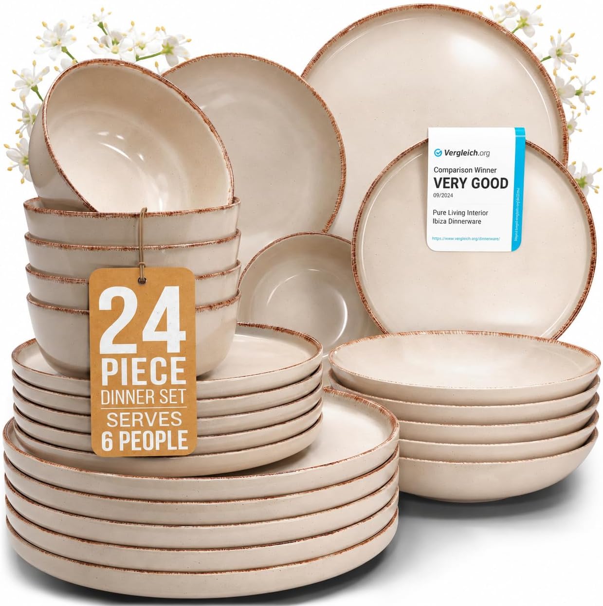 24 piece Dinner Sets for 6 People - Beautiful Country Style Stoneware Dinner Set for 6 - Dishwasher & Microwave Safe Plates and Bowls Set for 6 - Dinnerware Sets by Pure Living in Beige