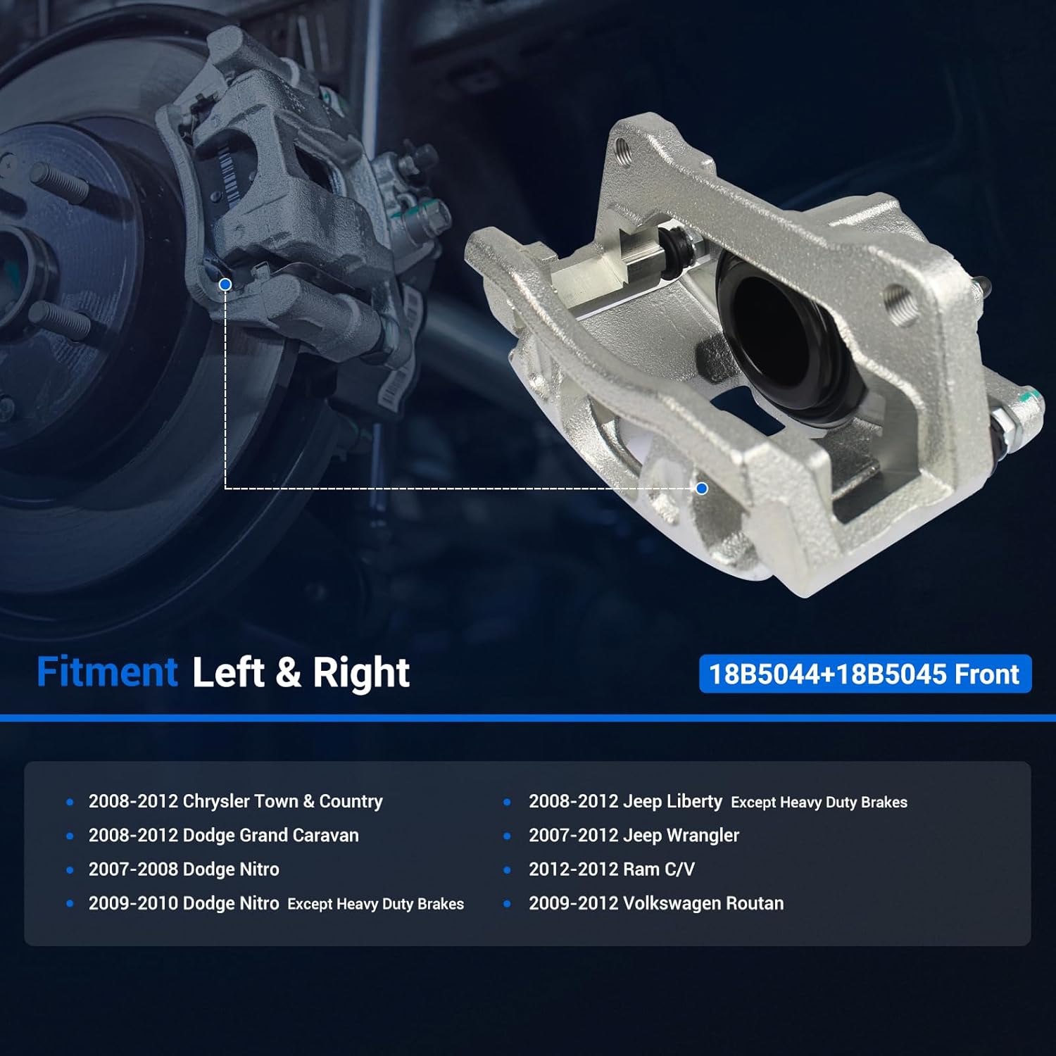 Autoround 18B5044 18B5045 Front Brake Caliper Assembly fit for Jeep Wrangler 07-12 / Liberty 08-12, Dodge Grand Caravan 08-12 / Nitro 07-08, Chrysler Town & Country 08-12, Ram C/V 12, VW Routan 09-12
