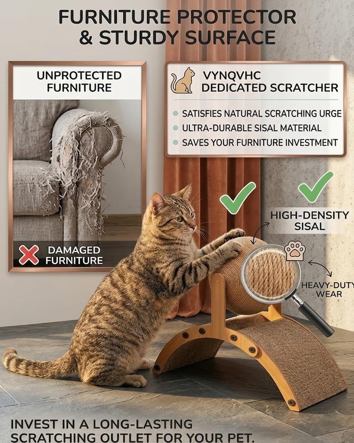 Cat Scratching Ball on Stand - Solid Wood Interactive Cat Scratcher, Sisal Rope Cat Scratcher Ball for Indoor Cat Kittens Interactive Pet Toys (M)