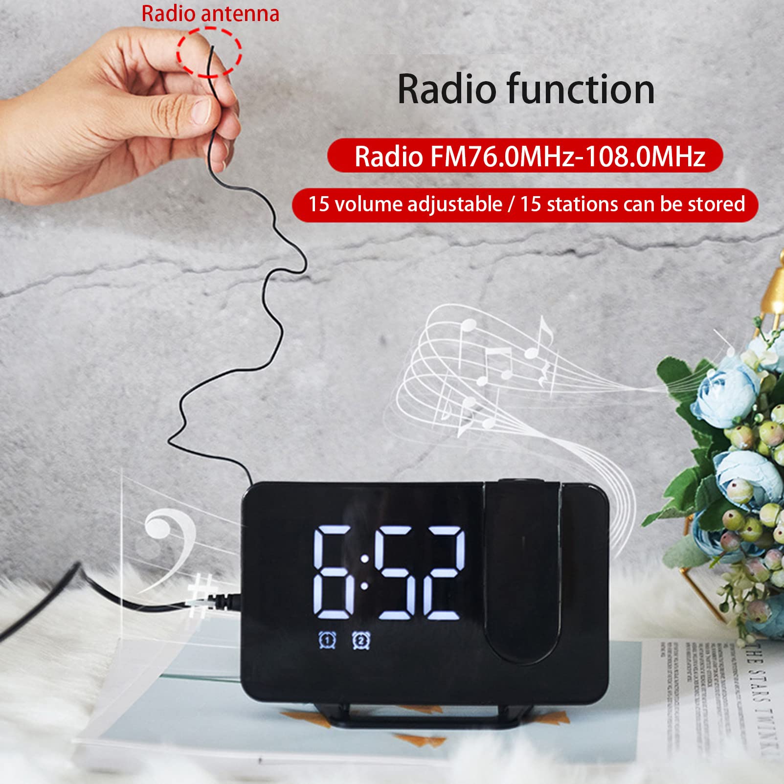 Réveil Projecteur, Réveil Numérique avec Radio FM, Affichage LED Clair, Snooze, Réveil Numérique pour Chambre à Coucher,White