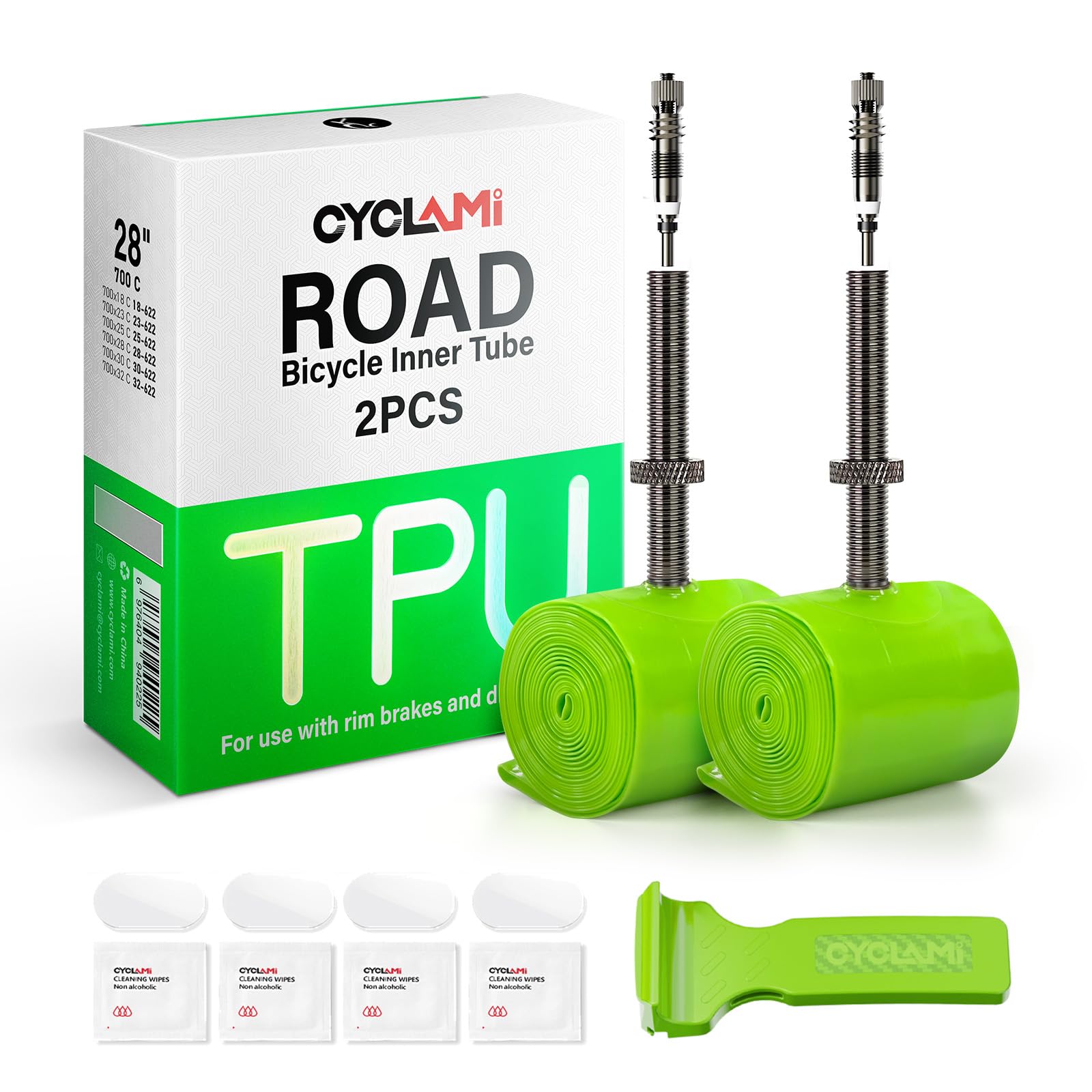 CYCLAMI TPU Inner Tube Road Bike, 2/4 Pieces Removable Metal Air Valve TPU Inner Tube 700C x 23C/25C/28C/30C/32C, 38g Bicycle Inner Tube FV: 45/60/80 mm, 1 x Tyre Lever (2P-60 mm Valve)