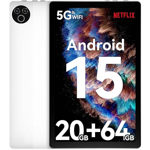 Tablet 10 Inch Android 15 OS GMS Certified Tablets PC 1.8 GHz 5-Core 20 (3+17) GB RAM 64 GB ROM 1 TB Expandable 1280x800 HD IPS Touch Screen 5000 mAh WiFi 6 Bluetooth 5.4 Dual Camera 2025 (White) - White