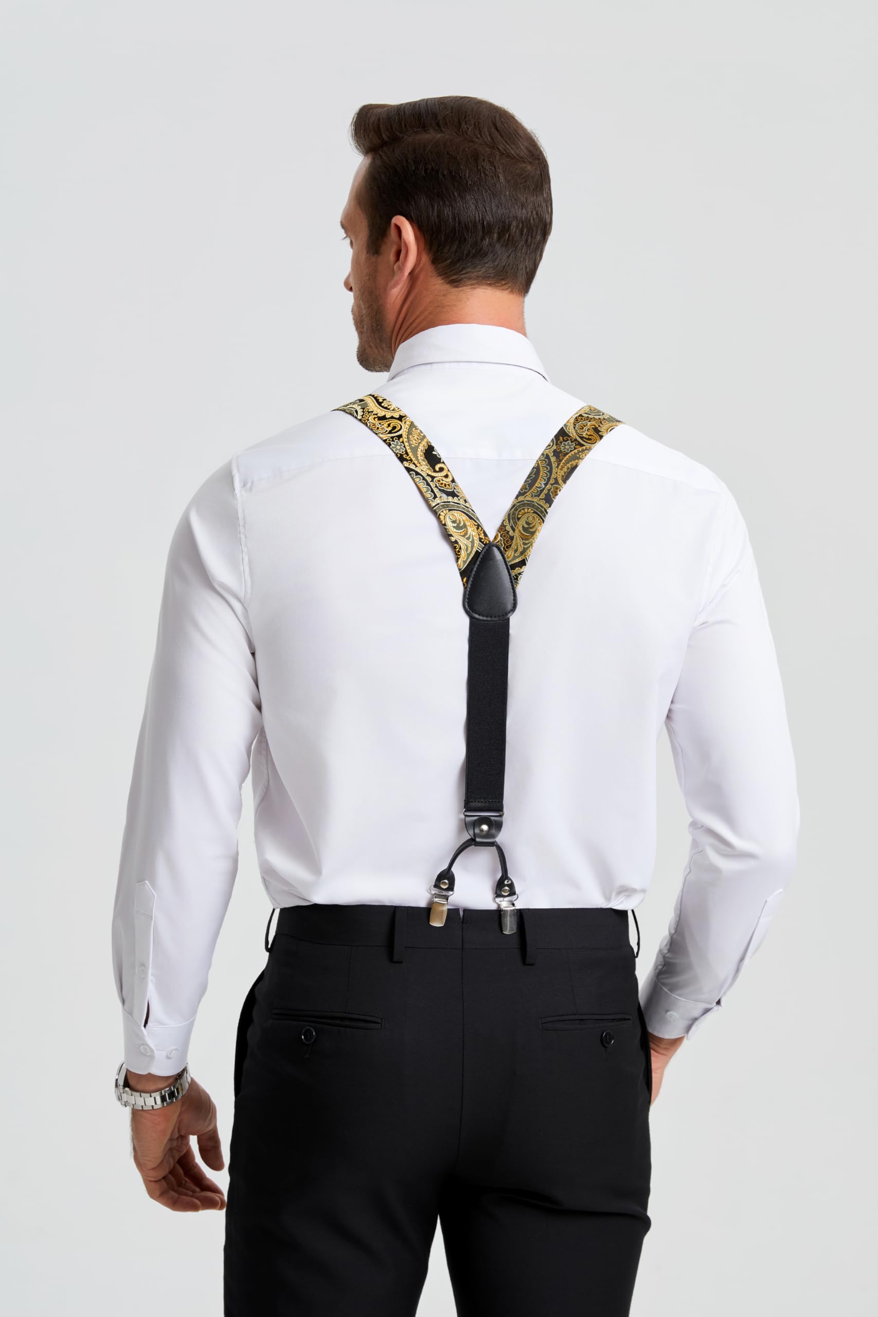 HISDERN Hosenträger für Herren breit Fliege Einstecktuch Set elastisch und längenverstellbar in verschiedenen Designs