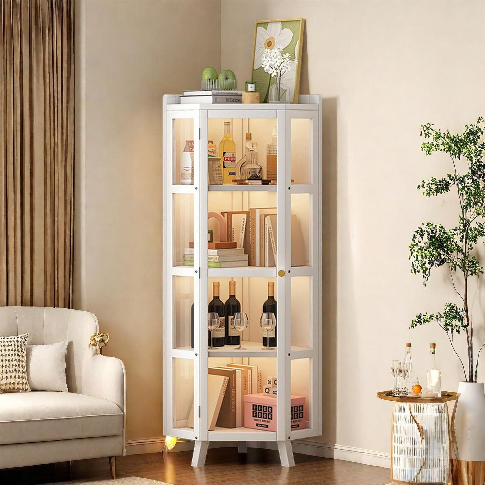 HXUQCZIG Tall Corner Curio Cabinet with Glass Doors, 5-Tier Shelves with Top Guard Rail for Living Room, Bathroom, Kitchen, Home Office White Corner