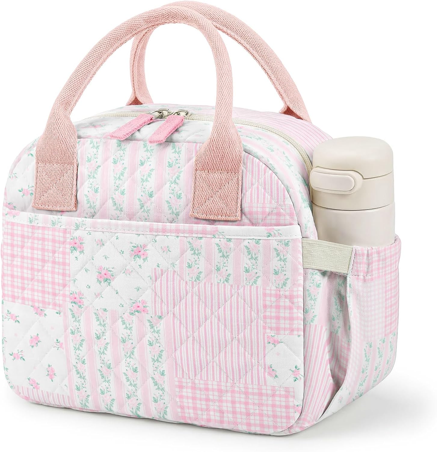 WOBAGMEN Quilted Lunch Box for Adult Women,Cute Floral Insulated Lunch Tote with Front Zipper Pocket, Aesthetic Coquette Style Reusable Lunch Box Bag for Work Gym Travel Picnic (pink hua pin, M)