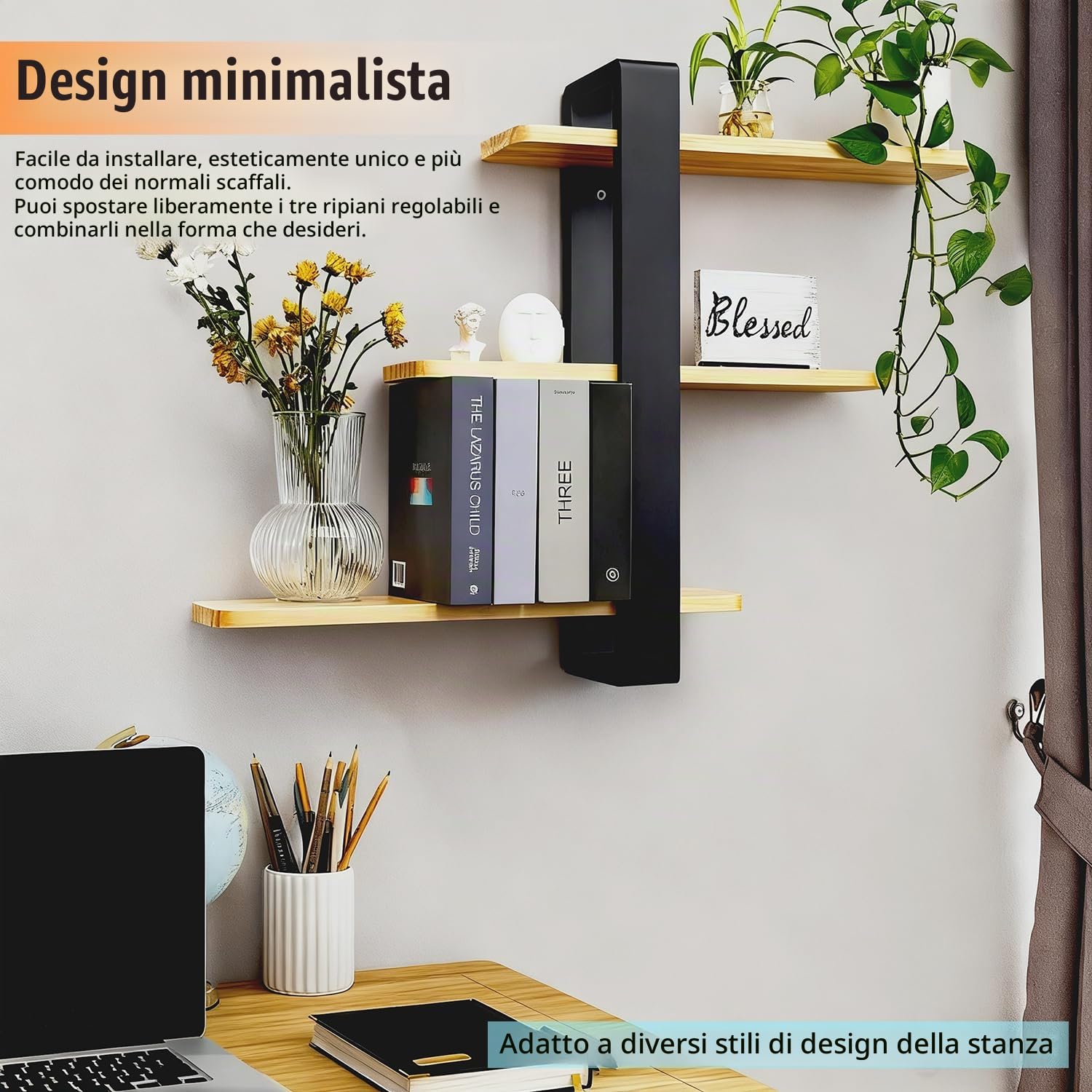 Mensole Da Muro，Mensole Da Parete，Mensola Sospesa Decorativa a 3 Livelli, Mensola In Legno Moderna Per Pareti, Adatta Per Soggiorno, Camera Da Letto, Ufficio, Cucina (Nera, 58 * 50 * 12 Cm)