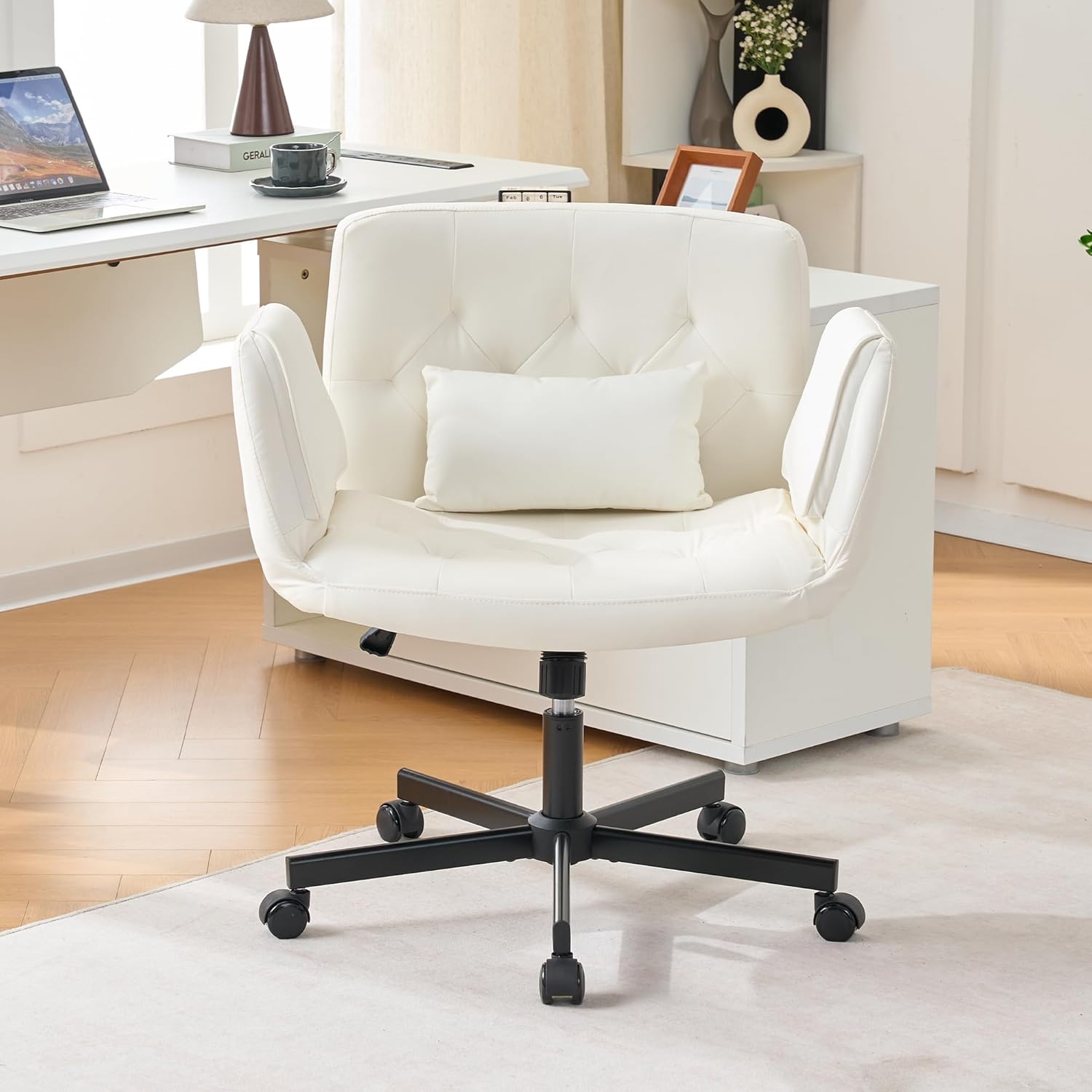 Criss Cross Chair with Reversible Armrests, Cross Legged Office Chairs with Wheels and Wide Seat PU Leather Home Desk Chair for Home, Make Up, Bed Room, White