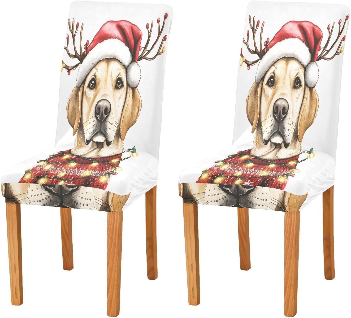 ALAZA Chair Covers for Dining Room, Christmas Dog Light Stretch Chair Cover Sets Chair Protector Removable Washable for Ktichen Restaurant Hotel