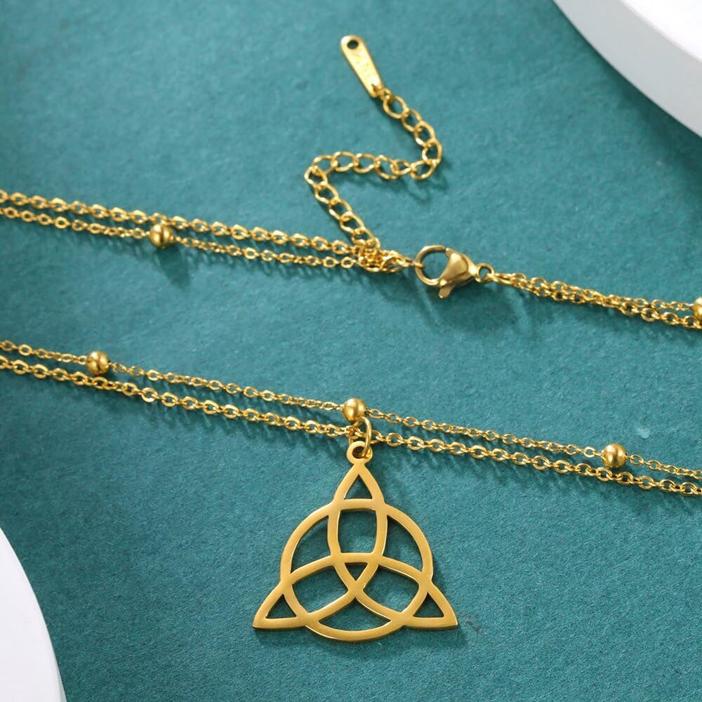 Triquetra Dwuwarstwowy naszyjnik z symbolem czarownicy – trójca celtycki węzeł ochronny, amulet, biżuteria dla kobiet i mężczyzn