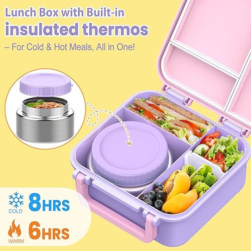 Miniatura 3 de Lonchera Bento para niños con termo de 9 onzas, recipientes de almuerzo a prueba de fugas con 3 compartimentos, tamaño apto para niños, lonchera
