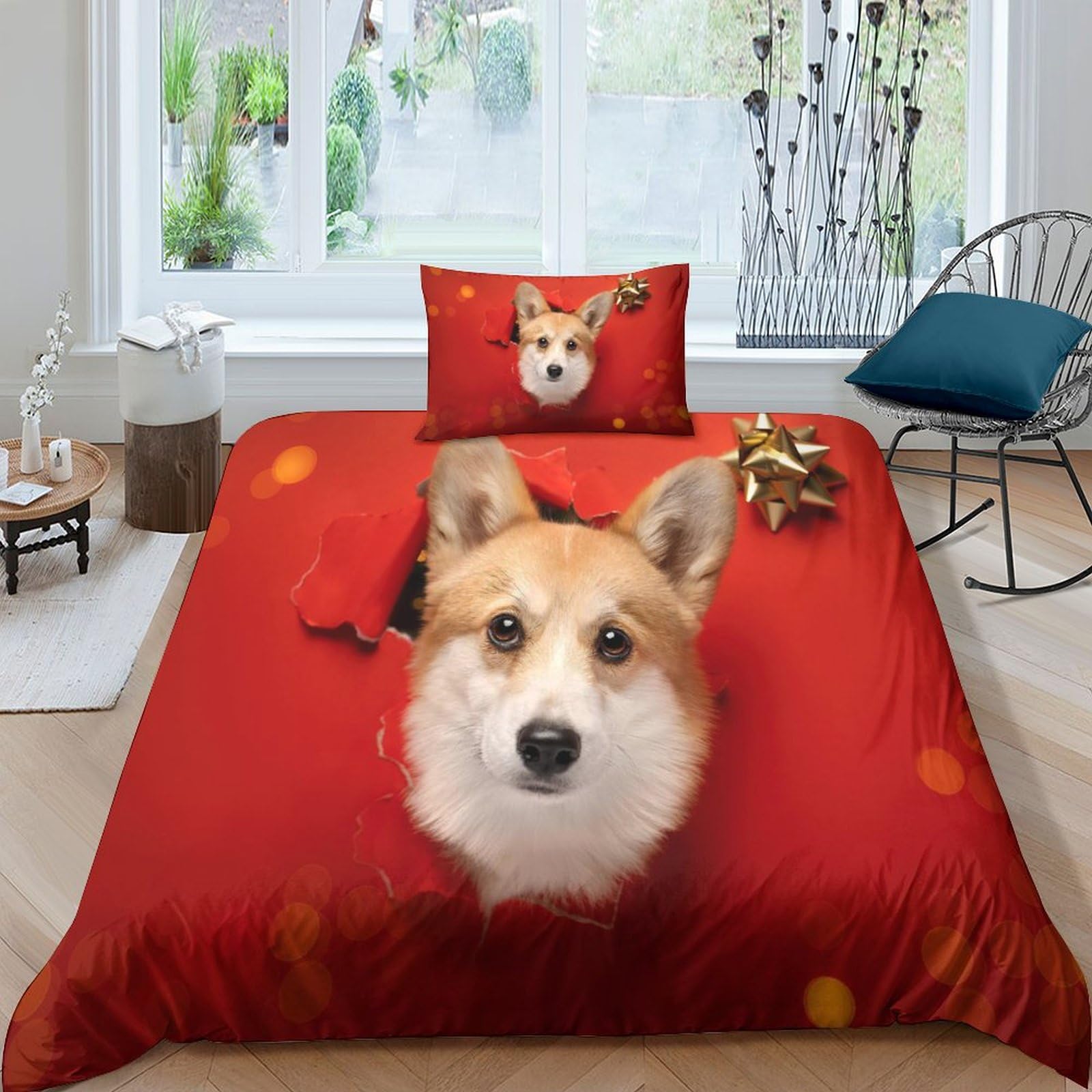 Housse de couette chien 3D rouge anti-plis en microfibre douce avec zip