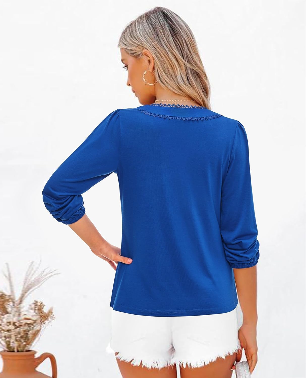 siliteelon Long Sleeve Blouses for Women Dressy Casual Tops for Women Trendy V Neck Lantern Long Sleeve Lace Trim 2026 Spring - Image 4