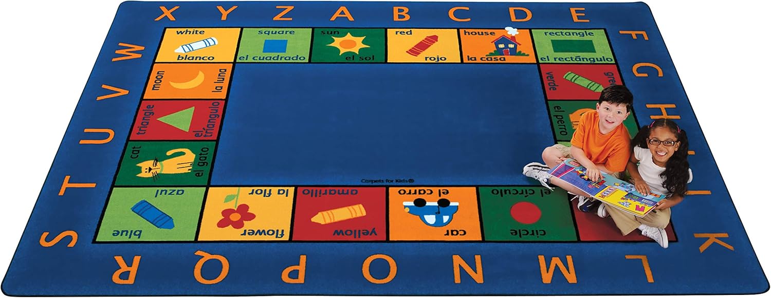 Carpets for Kids 9512 Bilingual Circletime Classroom Rug Spanish English 8ft 4in x 11ft 8in Rectangle Blue