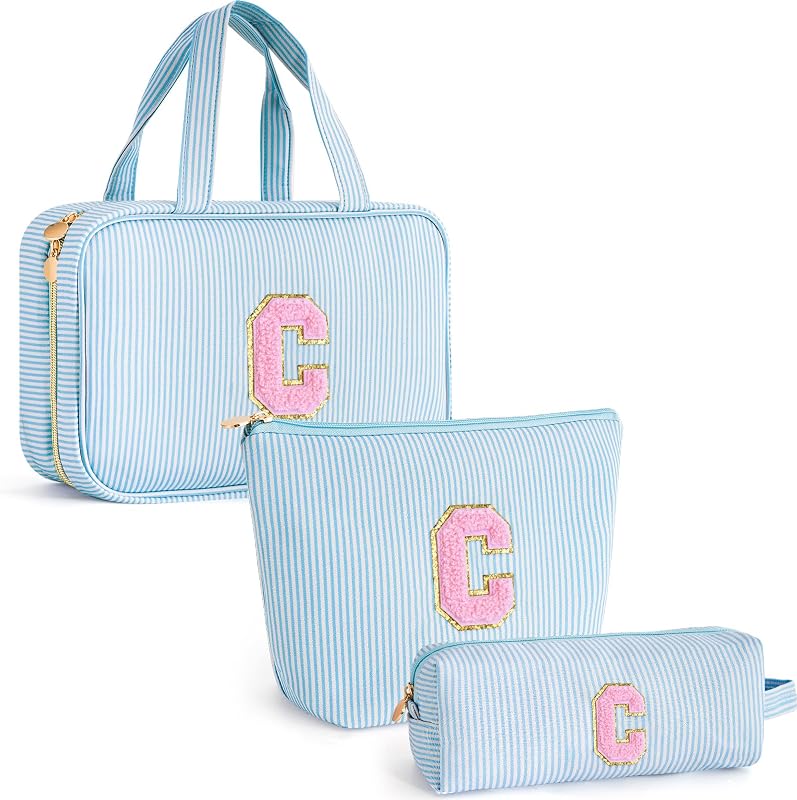 Necessaire de viagem Fystdtote personalizada com inicial, conjunto com 3, Azul C