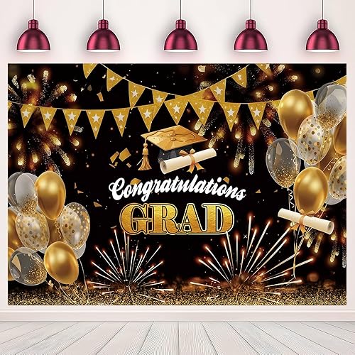 MQCGLJ 7x5ft Gold Black Graduation Photo Backdrop Congratulations Grad Balloon F