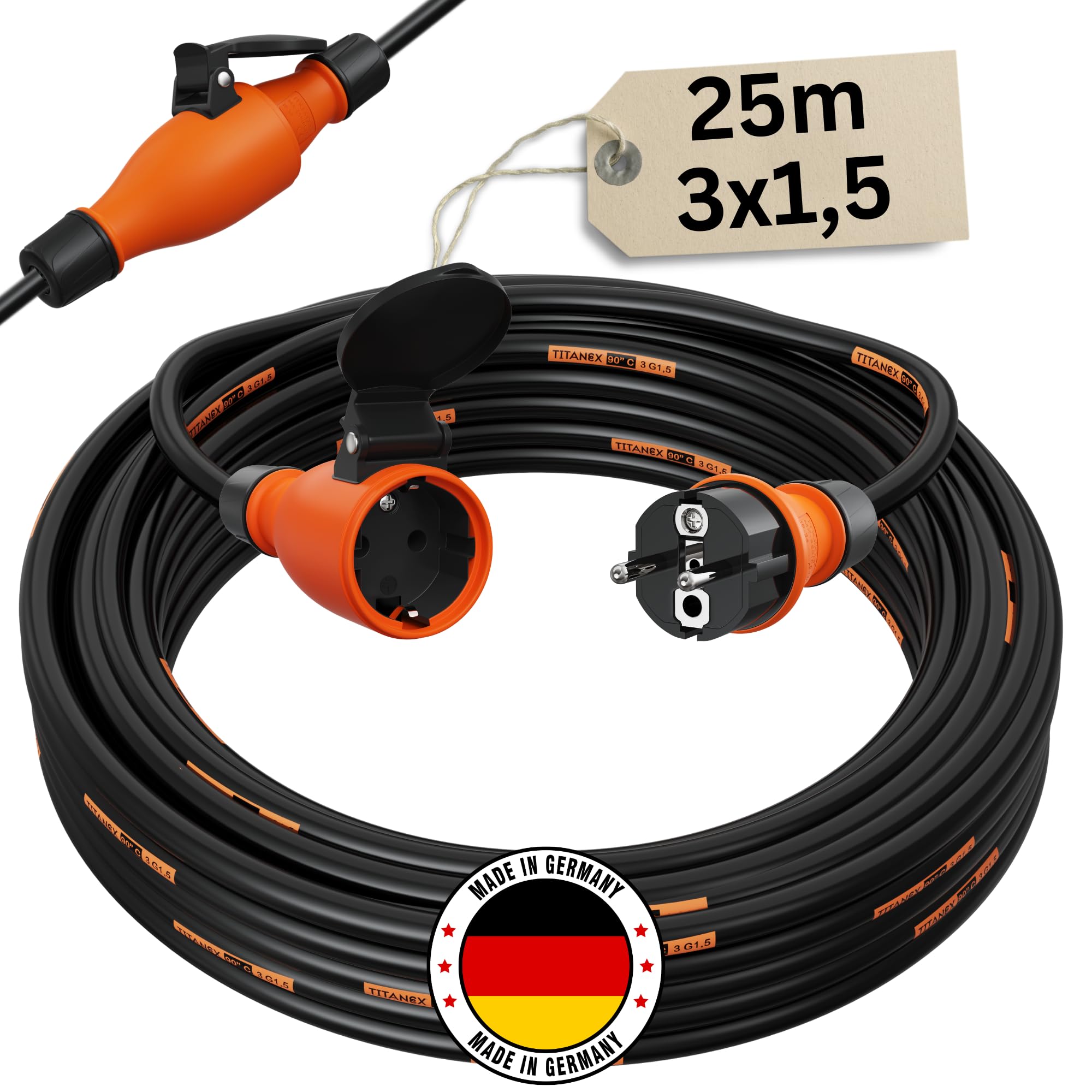 Verlängerungskabel 25 Meter IP54 Außen Verlängerung 25m Stromkabel Außenbereich Kabel Strom Verlaengerungskabel Gummikabel TITANEX 3x1,5 Schuko Outdoor Extension Cord