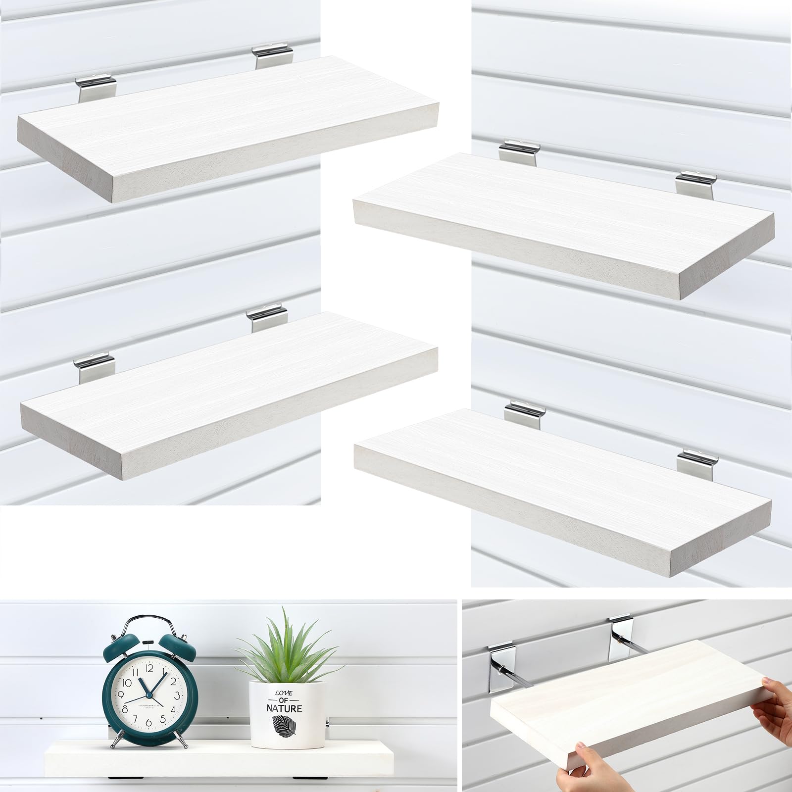 Landical 4 Pack Wooden Slatwall Shelf, 16.1" D x 6.7" W x 1.1" H Slatwall Shelves with Metal Hooks Organizer Set Mounted Accessories for Garage Home