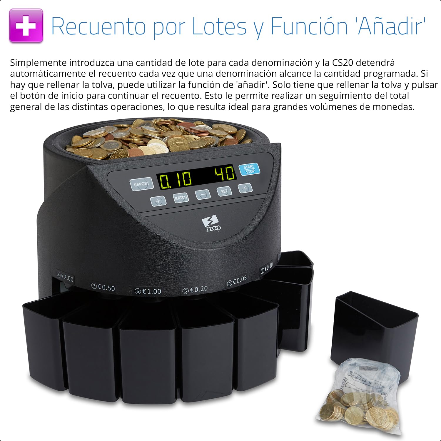 ZZap CS20 - Contadora y clasificadora automática de monedas EURO – Velocidad de conteo de 220 monedas/minuto, recuento por lotes ¡y más!