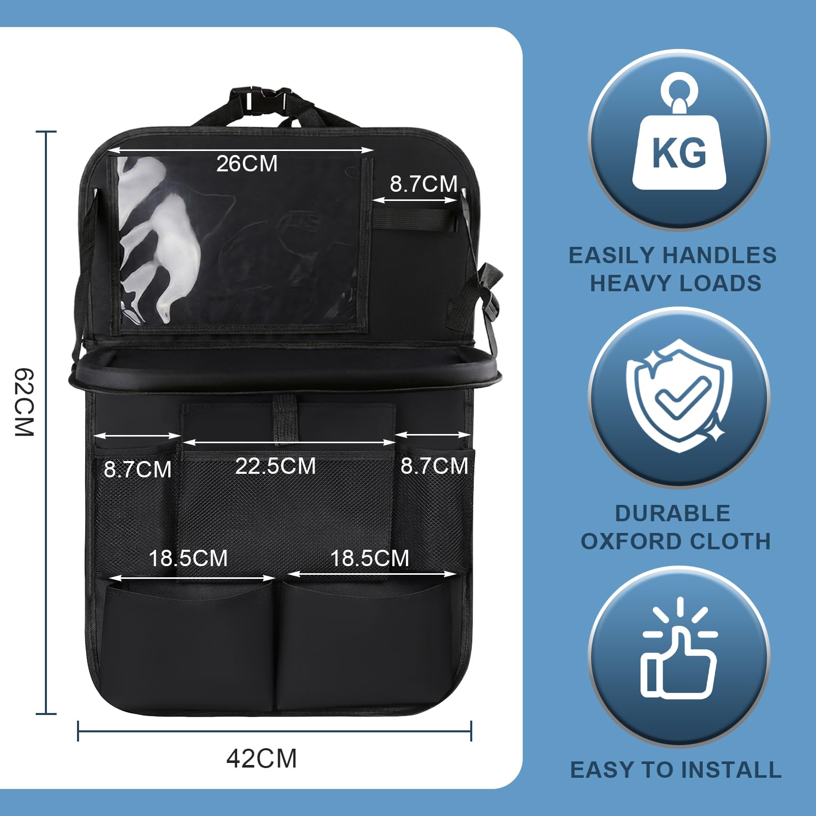 Auto Organizer mit abnehmbarem Klapptisch 62x42cm Rücksitz Organizer 11 Taschen Touchscreen-Fach Wasserdichter Rückenlehnenschutz
