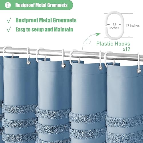 Miniatura 6 de Dynamene Cortina de ducha de tela de chenilla copetuda, a rayas, para baño, moderno, estilo rural, desgastado, elegante, impermeable, con gancho,