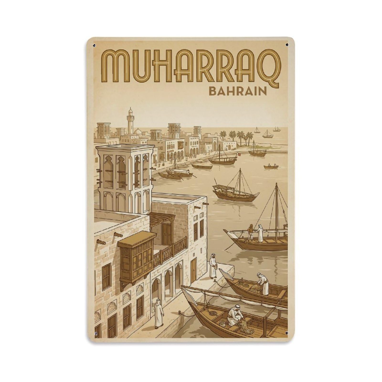 Travel Retro Bahrain Muharraq Metal Tin Sign Plaque Wall Decor for Cafe, Club Bar, Office, Garden Metal Poster 8x12Inch