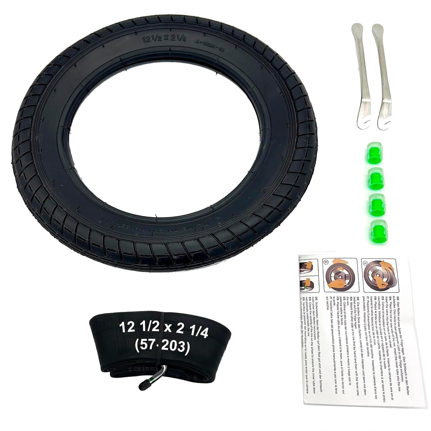 12 1/2 x 2 1/4 (57-203) Reifen & Schlauch Set mit 45° AV Edelstahl Winkelventil inkl. 2 Montierhebel – Ersatzrad für Kinderwagen, Laufrad, Kinderfahrrad & GoKart