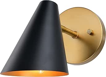 VAXCEL Pryce 1 Light Matte Black and Gold Satin Brass Mid-Century Modern Wall Sconce Fixture with Metal Cone Shade