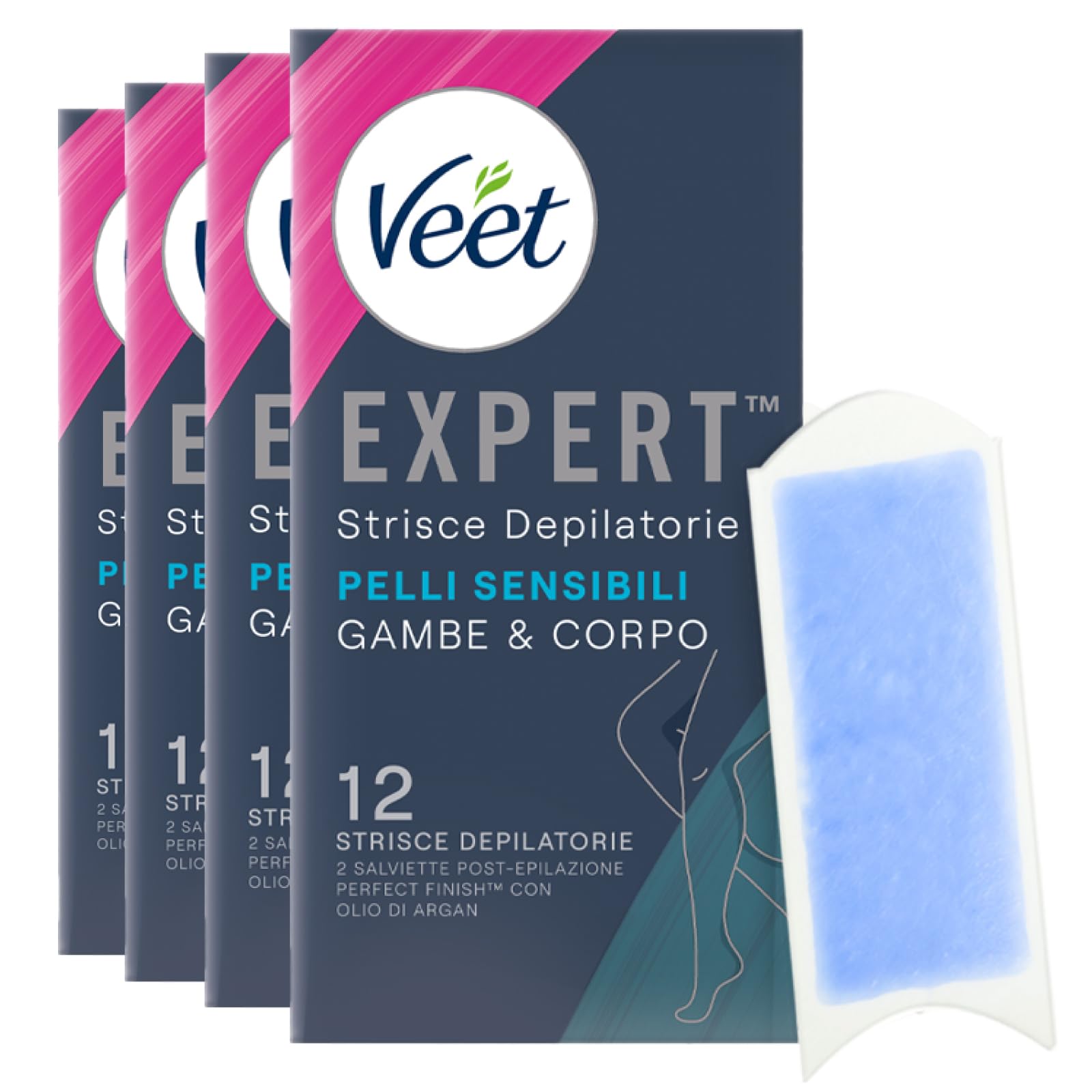Veet Expert Strisce Depilatorie Gambe & Corpo Pelli Sensibili Formula con Olio di Mandorla Linguetta EasyGrip e Salviette Post-Epilazione Perfect Finish con Olio d'Argan - 4 Confezioni da 12 Strisce