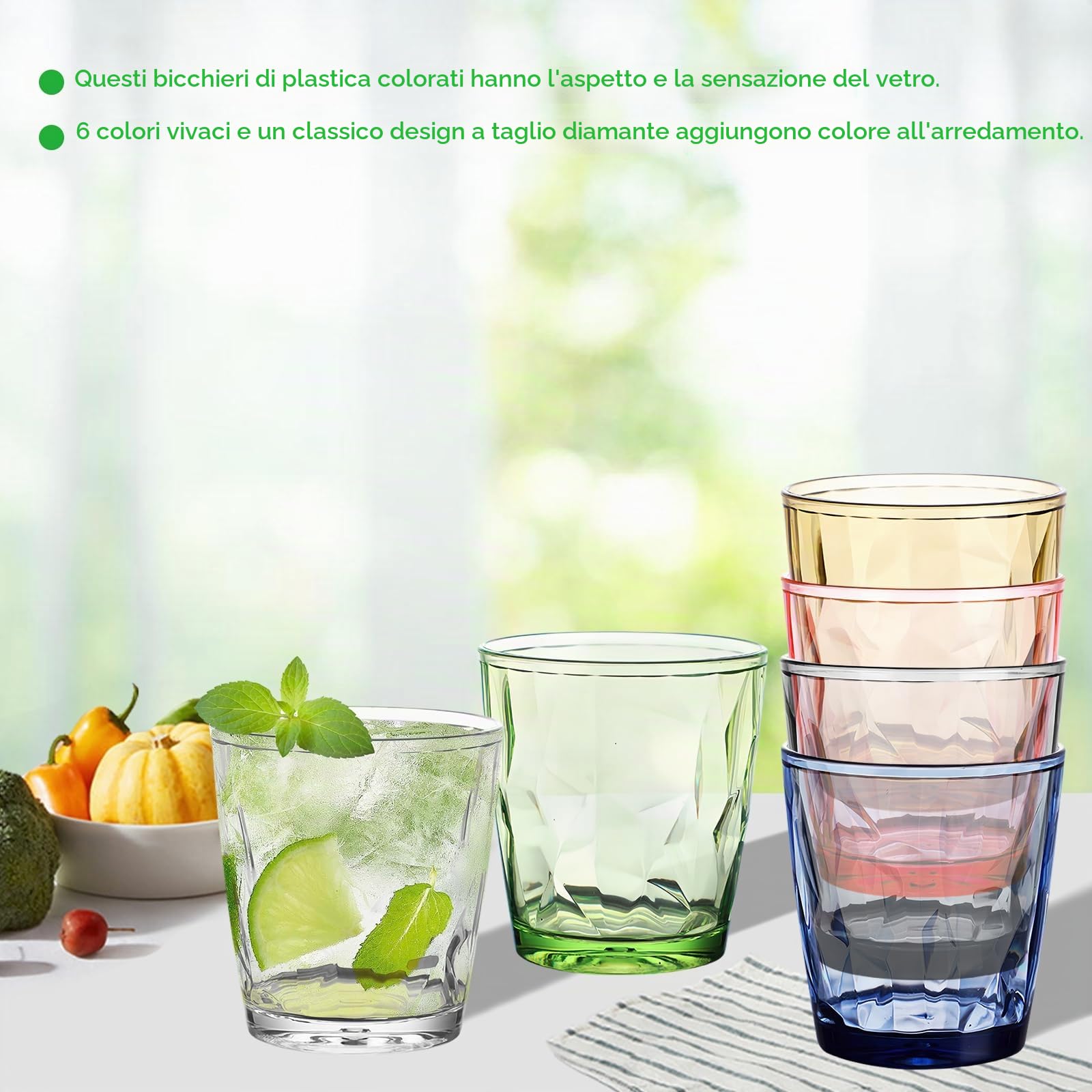 Bicchieri Acqua Colorati, 6 Pezzi 300ml Bicchieri Plastica Colorati, Riutilizzabili Bicchieri per Acqua in Plastica, Impilabili Bicchieri Colorati Acrilico, Bicchieri Da Bere in Plastica Colorata